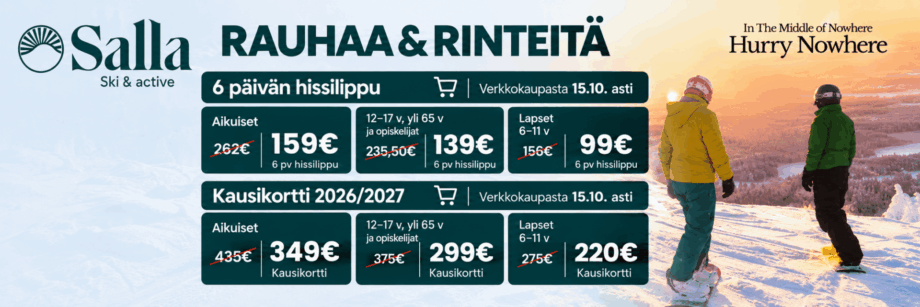 Salla Ski & Active – hissilippu- ja kausikorttitarjoukset verkkokaupasta 15.10. asti